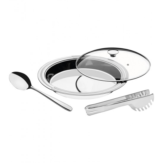 Prato 30cm Redondo Ciclo e 2 Utensílios Aço Inox Tramontina Com Tampa De Vidro